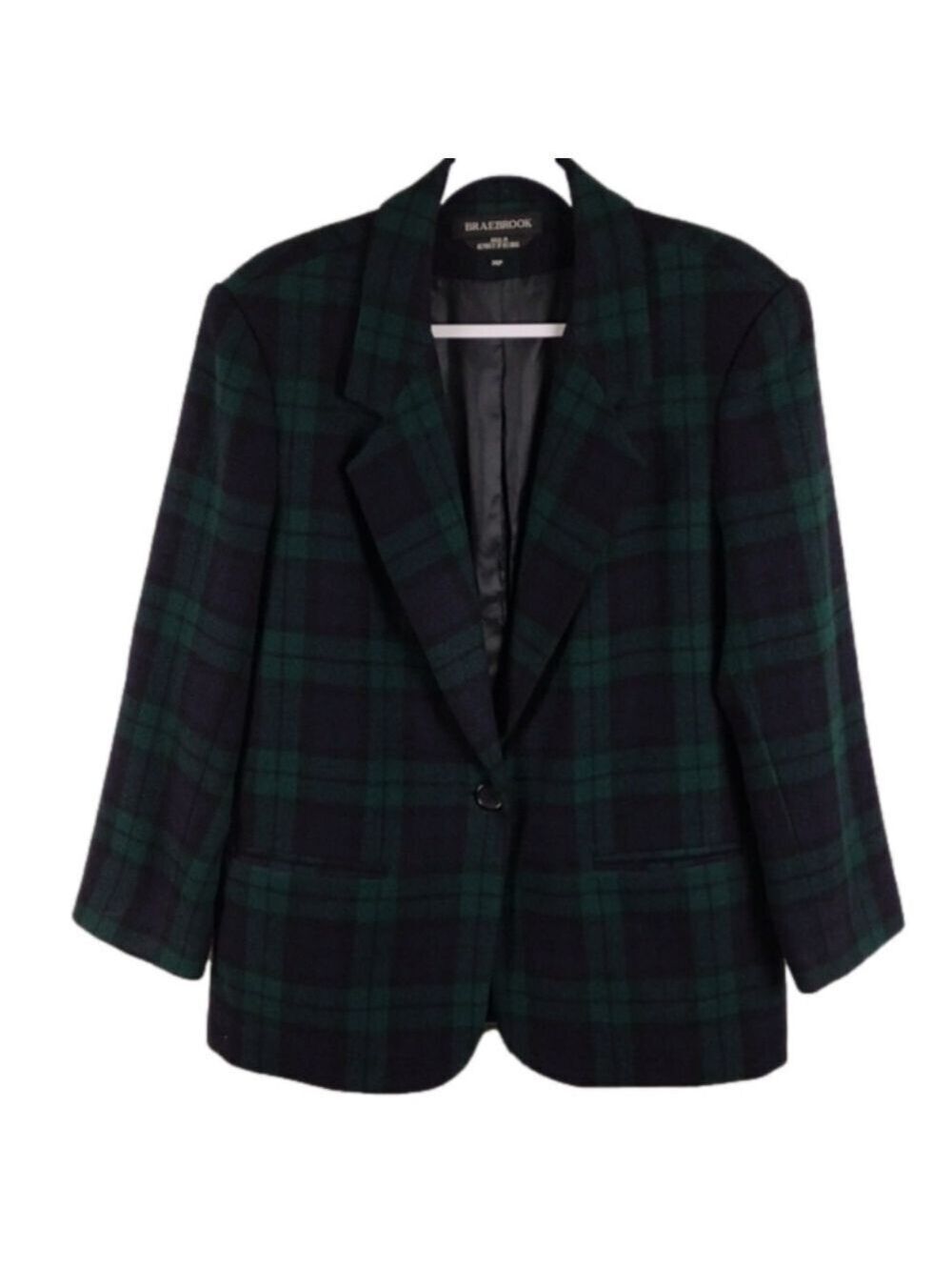Braebrook Blue Green Plaid Wool One Notched Collar Long Sleeve Button Blazer